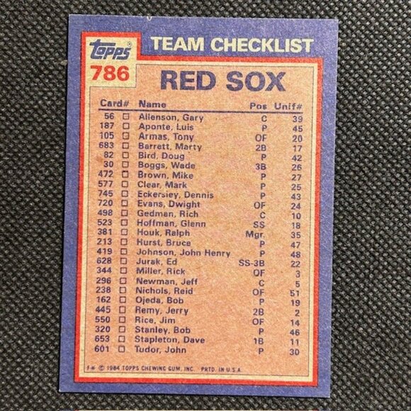 1984 Topps - Team Checklist Wade Boggs Bob Ojeda #786 Boston Red Sox - Picture 2 of 2